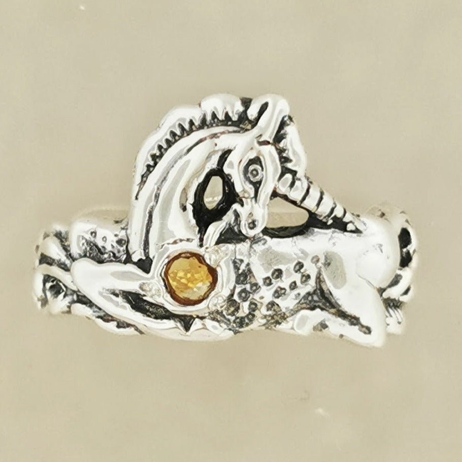 Unicorn Ring in Sterling Silver with Gemstone Heart - Le Dragon Argenté