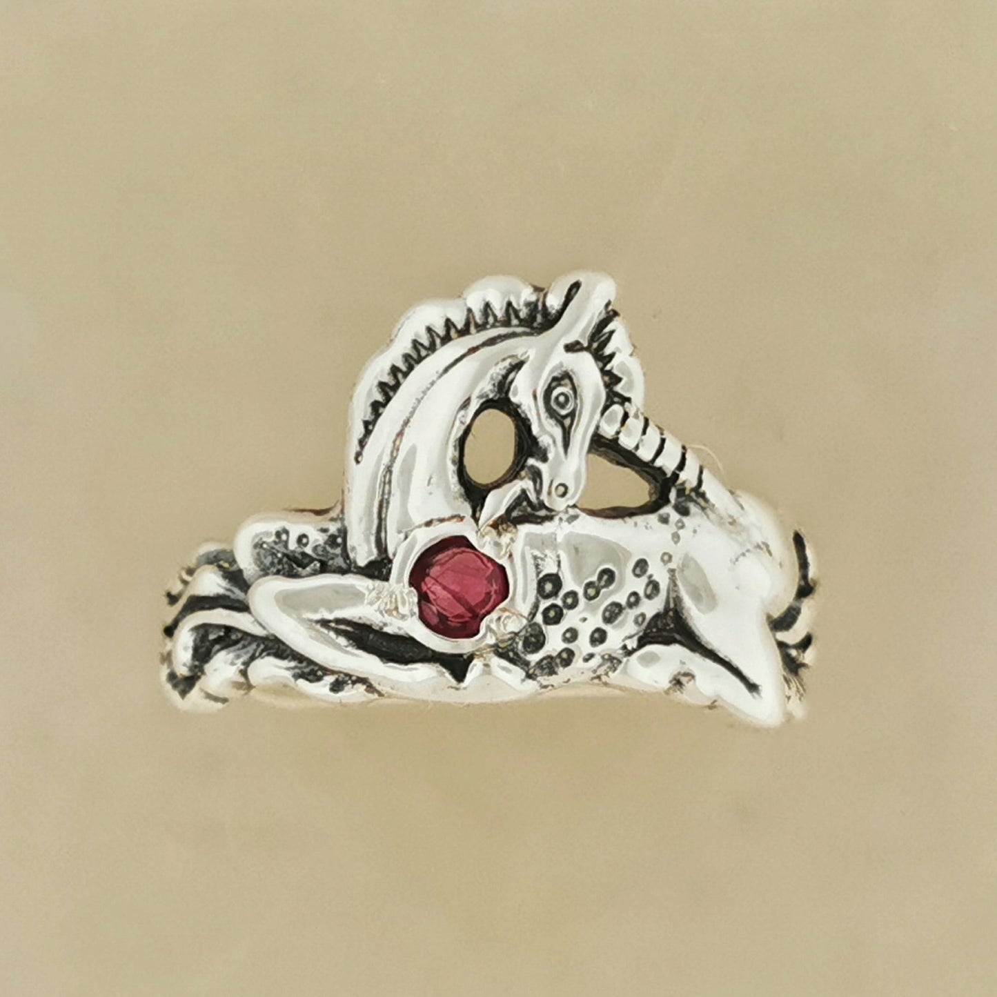 Unicorn Ring in Sterling Silver with Gemstone Heart - Le Dragon Argenté