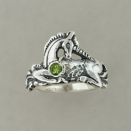 Unicorn Ring in Sterling Silver with Gemstone Heart - Le Dragon Argenté