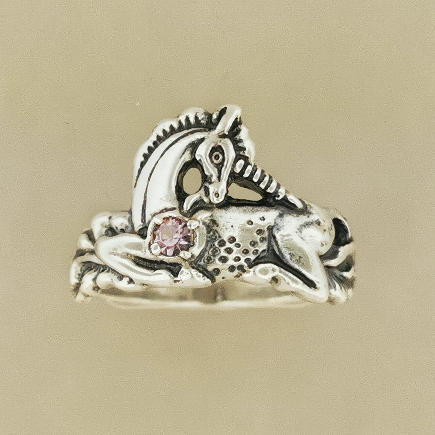 Unicorn Ring in Sterling Silver with Gemstone Heart - Le Dragon Argenté