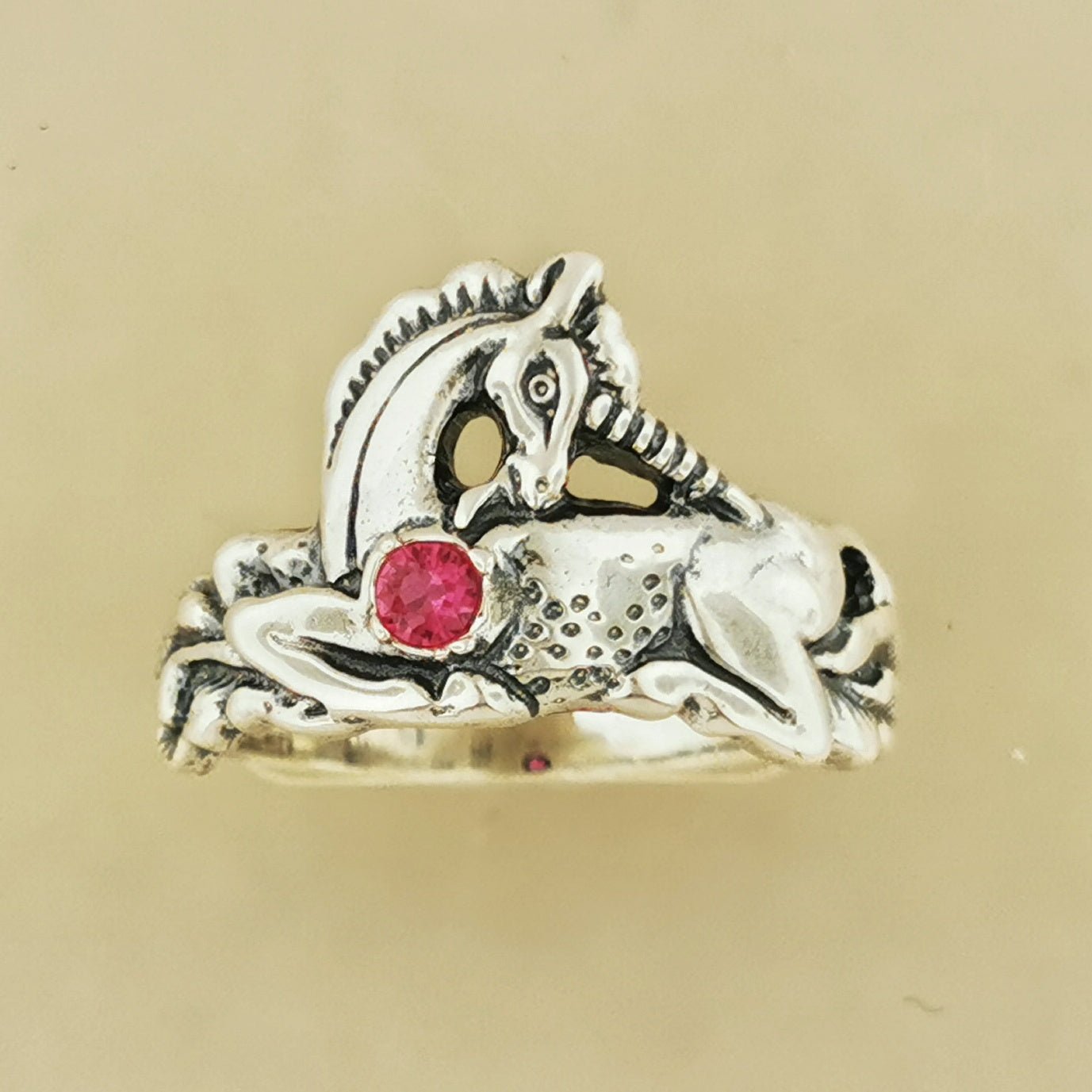 Unicorn Ring in Sterling Silver with Gemstone Heart - Le Dragon Argenté