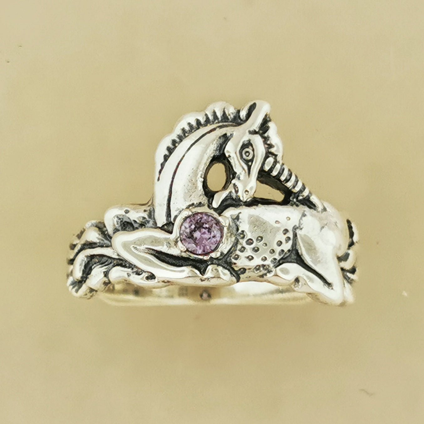 Unicorn Ring in Sterling Silver with Gemstone Heart - Le Dragon Argenté