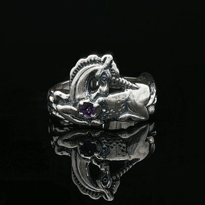 A detailed sterling silver unicorn ring with a vibrant gemstone heart, designed for lovers of unicorn jewelry and fantasy-inspired accessories by Le Dragon Argenté.