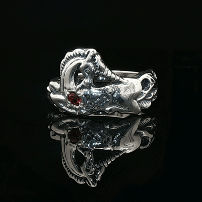 A detailed sterling silver unicorn ring with a vibrant gemstone heart, designed for lovers of unicorn jewelry and fantasy-inspired accessories by Le Dragon Argenté.