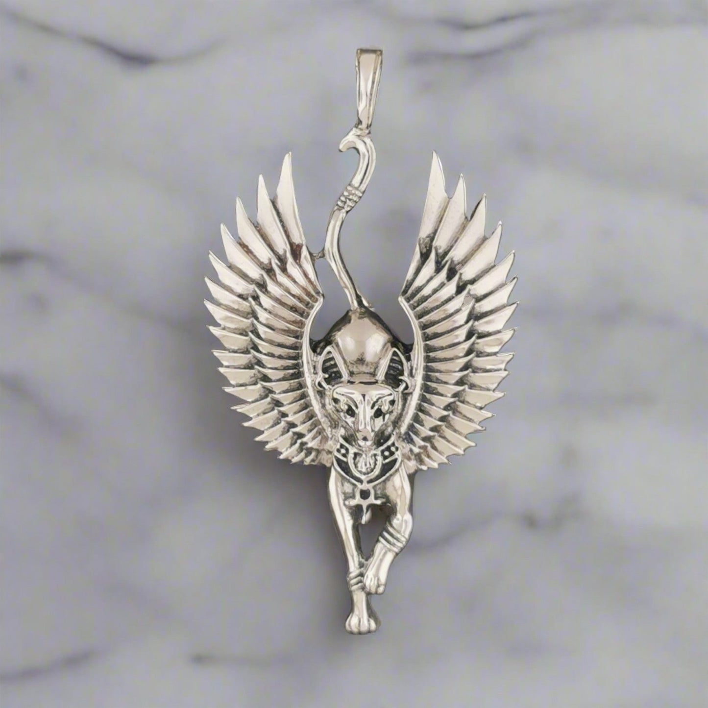 Winged Bastet Pendant in Sterling Silver or Antique Bronze - Le Dragon Argenté