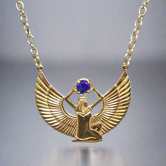 Winged Isis Necklace with Lapis Lazuli in Antique Bronze - Le Dragon Argenté