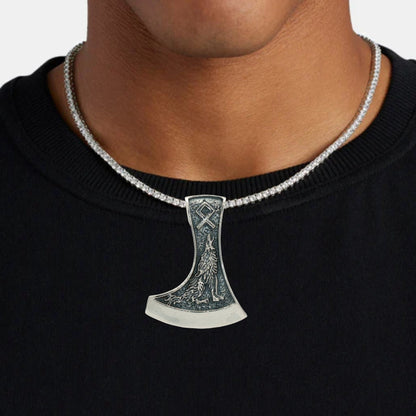 Nordic Axe Pendant with Wolf and Raven in Sterling Silver On Model – Symbolic Viking Jewellery by Le Dragon Argenté
