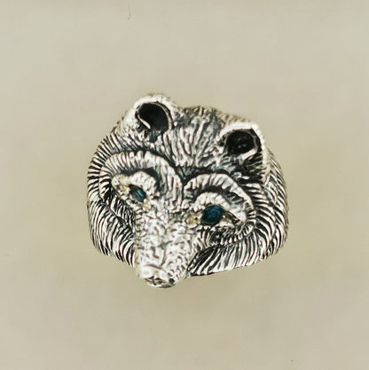 Wolf Ring with Gemstone Eyes in Sterling Silver - Le Dragon Argenté