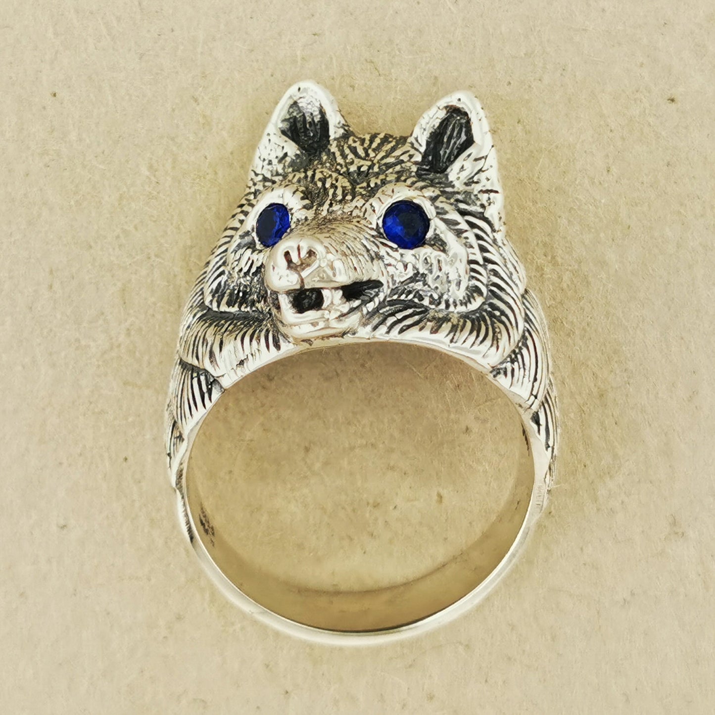 Wolf Ring with Gemstone Eyes in Sterling Silver - Le Dragon Argenté