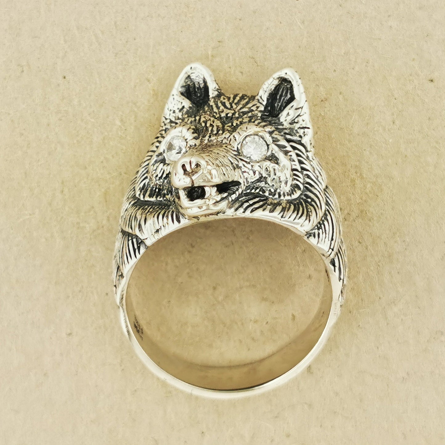 Wolf Ring with Gemstone Eyes in Sterling Silver - Le Dragon Argenté