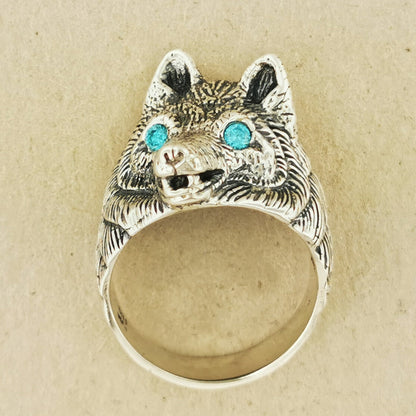 Wolf Ring with Gemstone Eyes in Sterling Silver - Le Dragon Argenté