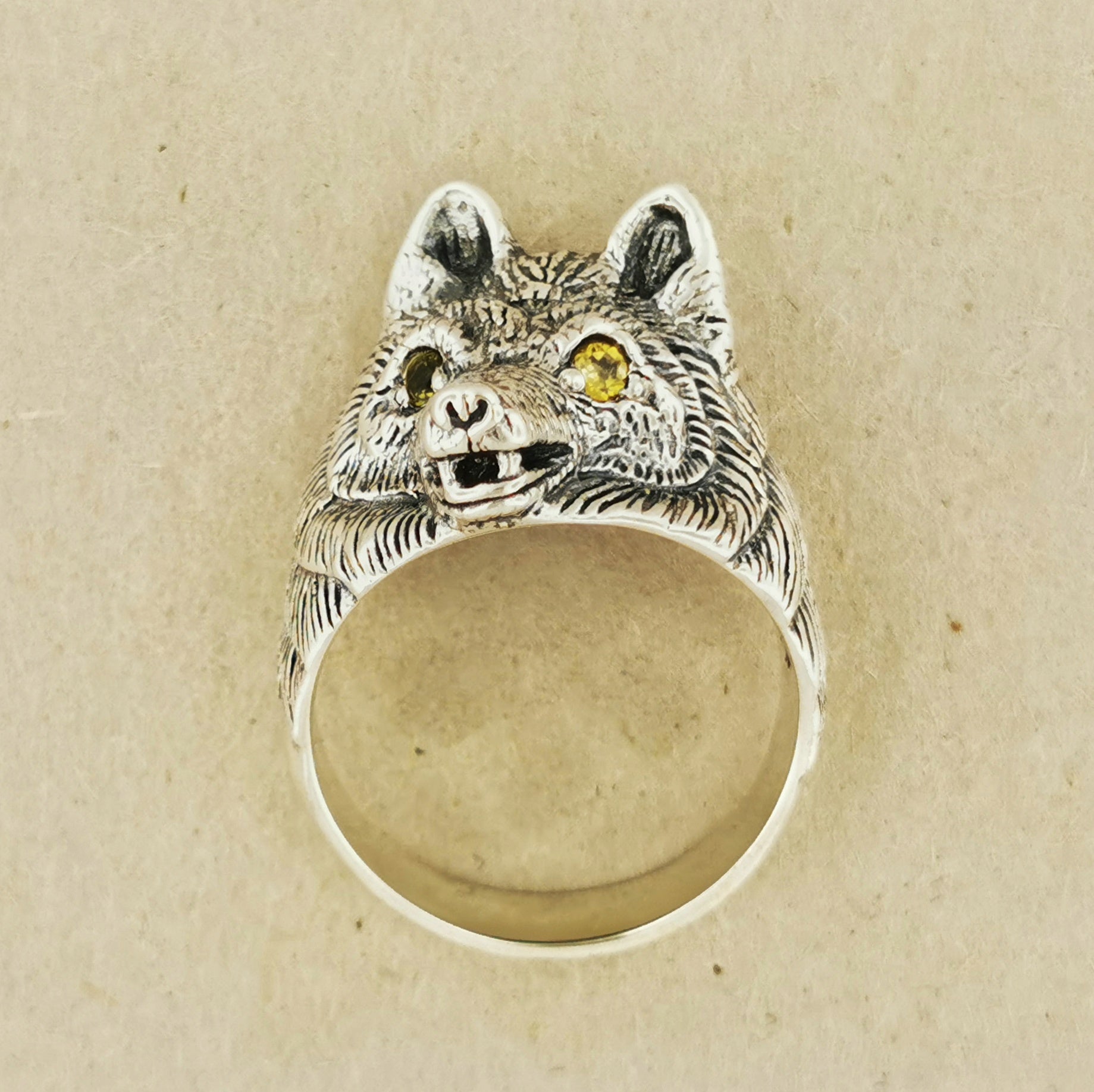 Wolf Ring with Gemstone Eyes in Sterling Silver - Le Dragon Argenté