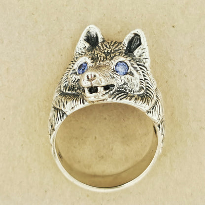 Bague de loup avec des yeux de pierres précieuses en argent sterling