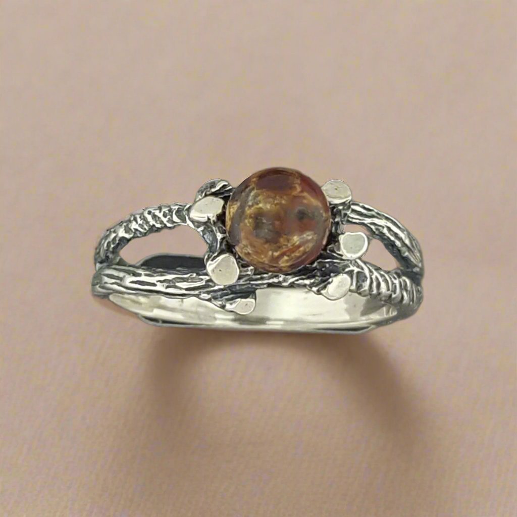 Wood Style Ring with Gemstone Pearl in Sterling Silver - Le Dragon Argenté