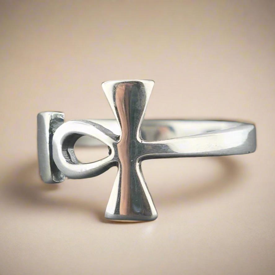 Wrap Around Ankh Ring in Sterling Silver or Antique Bronze - Le Dragon Argenté