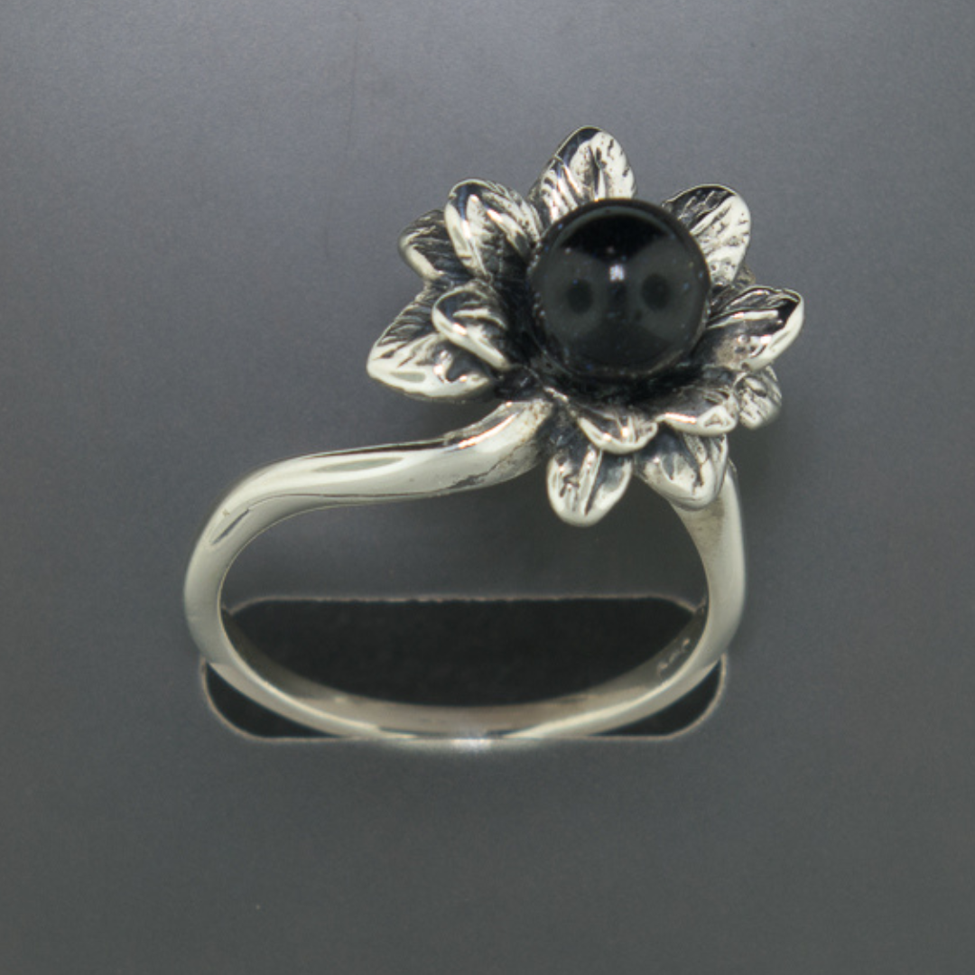 1950s Style Flower Ring with Gemstone Pearl in Sterling Silver or Antique Bronze, Silver Flower Ring, Flower Gemstone Ring, Silver Pearl Ring, Gemstone Pearl Ring, Flower Pearl Ring, Wood Style Ring, Vintage Gemstone Ring, Vintage Style Ring, Retro Silver Ring, Retro Gemstone Ring, Retro Silver Gemstone Ring, Retro Silver Jewelry, Retro Silver Jewellery