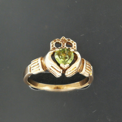 Claddagh Ring with Peridot Gemstone Heart in Antique Bronze, Irish Celtic Claddagh Ring with Gemstone, Ladies Celtic Claddagh Ring with Gemstone, Birthstone Claddagh Ring