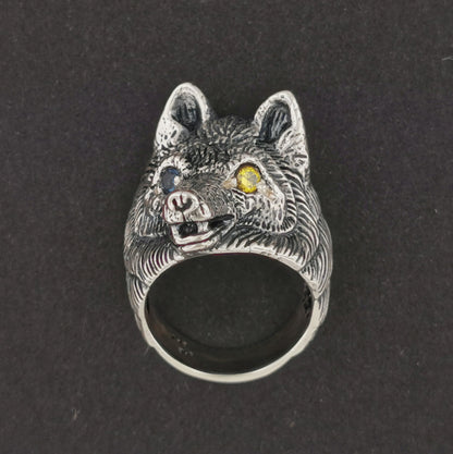 Wolf Ring with Gemstone Eyes in Sterling Silver