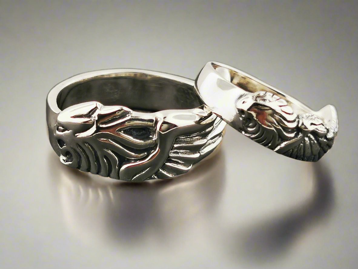 Final Fantasy 8 Griever Ring Set in Sterling Silver, Final Fantasy 8 Wedding Set, FF8 Winged LIon Ring, Final Fantasy Wedding Rings, Final Fantasy 8 Squall Griever Rings, FF8 Sleeping Lion Heart Rings, FF8 Griever Ring Set, Final Fantasy Ring Set
