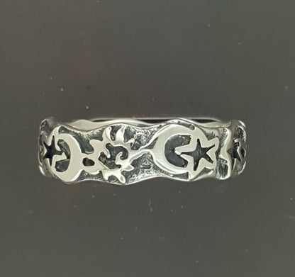 Sun, Moon, & Star Band in 925 Silver or Bronze, Celestial Ring Band, Magick Sky Ring, Wicca Jewellery, Wicca Jewelry Gift, Silver Pagan Jewellery, Silver Pagan Jewelry, Sun, Moon and Stars Ring, Silver Celestial Ring, Silver Celestial Jewelry
