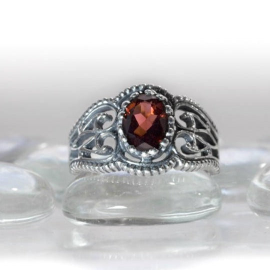 Sterling Silver Filigree Ring with 5x7mm Faceted Stone