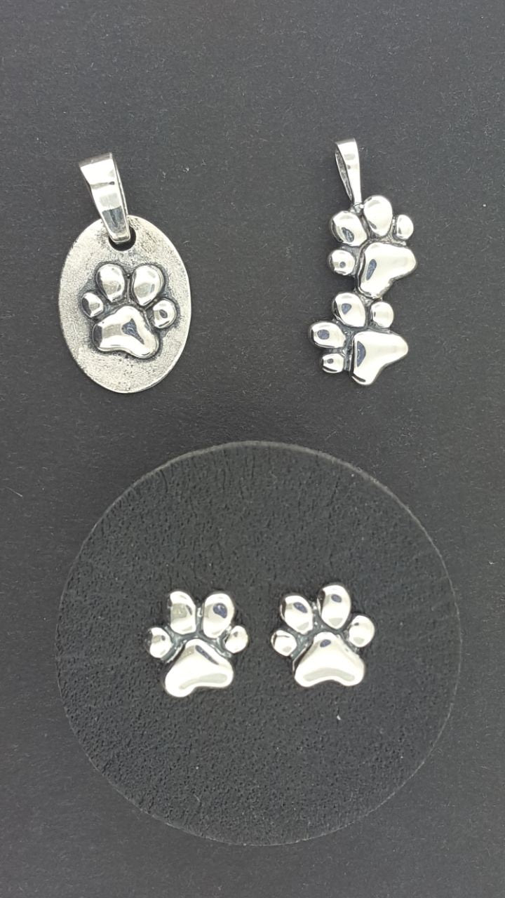 Twin Paw Print Pendant in Sterling Silver or Antique Bronze