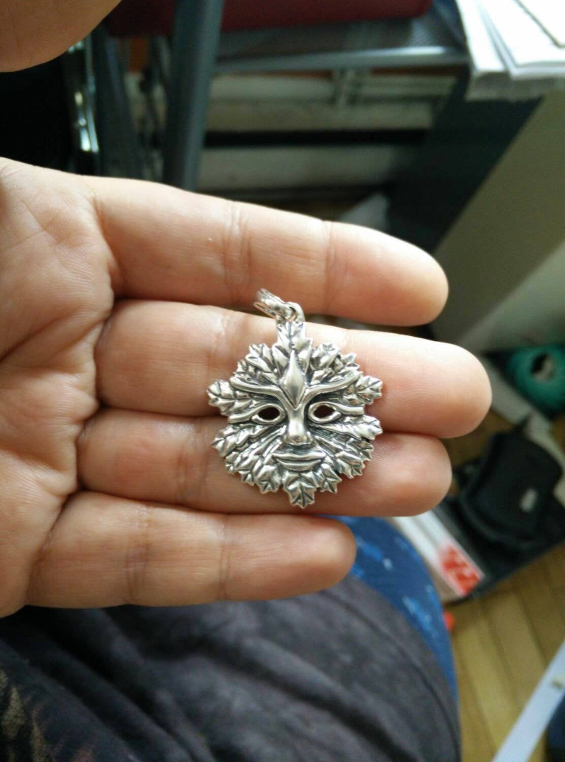 Green Man Pendant With Open Eyes in Sterling Silver or Antique Bronze