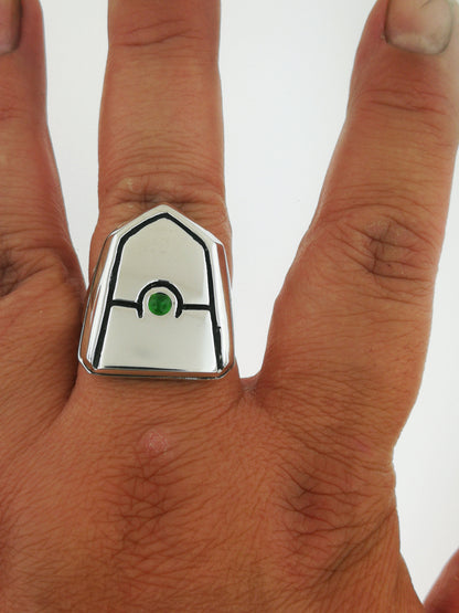 Shield Signet Ring in Sterling Silver, Rise Hero Signet Ring, Silver Cosplay Ring, Green Gemstone Ring, Mens Signet Ring, Anime Cosplay Ring, Silver Shield Ring, Silver Anime Ring, Shield Signet Ring, Mens Sheild Ring, Rise Hero Ring