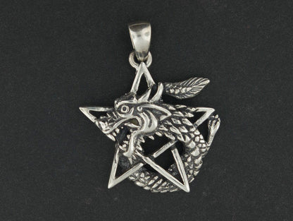 Dragon Pentagram Pendant in Sterling Silver or Antique Bronze