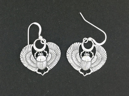 Egyptian Winged Scarab Earrings in Sterling Silver or Antique Bronze, Silver Winged Scarab Earrings, Sterling Silver Scarab Earrings, Ancient Egyptian Scarab Jewelry, Ancient Egyptian Scarab Earrings, Winged Scarab Earrings, Winged Scarab Jewellery
