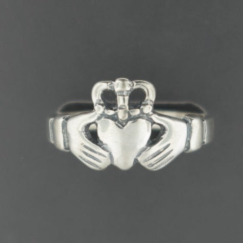Medium Curled Crown Claddagh Ring in Sterling Silver or Antique Bronze