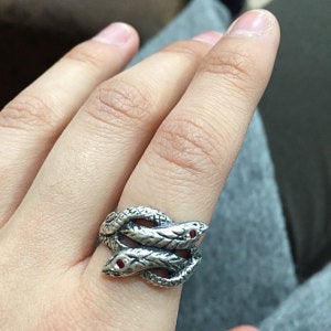 Coiled Twin Snake Ring with Gemstones in 925 Sterling Silver, Birthstone Snake Ring, Handmade Snake Jewelry, Mid Century Retro Snake Ring, Birthstone Snake Ring, Two Snakes Ring, Twin Snake Ring, Sterling Silver Snake Ring, Silver Serpent Ring