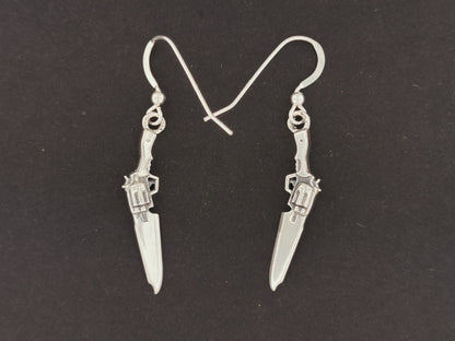 FF8 Gunblade Earrings In Sterling Silver.  Available in Gold Made To Order.  Final Fantasy 8 Gunblade Earrings Pair in Gold Made to Order, FF8 Gold Gunblade Earrings, Final Fantasy 8 Gold Earrings, Gold FF8 Earrings, Gold FF8 Jewelry, Gold FF8 Jewellery, Final Fantasy 8 Gold Jewelry, Gold Gamer Earrings, Gamer Girl Earrings In Gold, Gold Gunblade Earrings