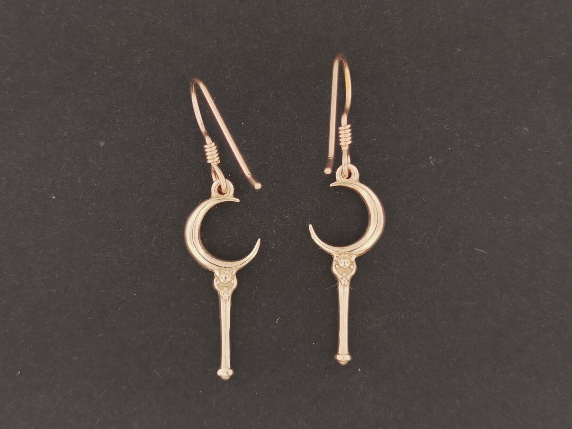 Crescent Moon Wand Earrings in Sterling Silver or Antique Bronze, Lunar Wand Earrings
