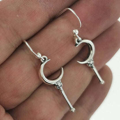 Crescent Moon Wand Earrings in Sterling Silver or Antique Bronze, Lunar Wand Earrings