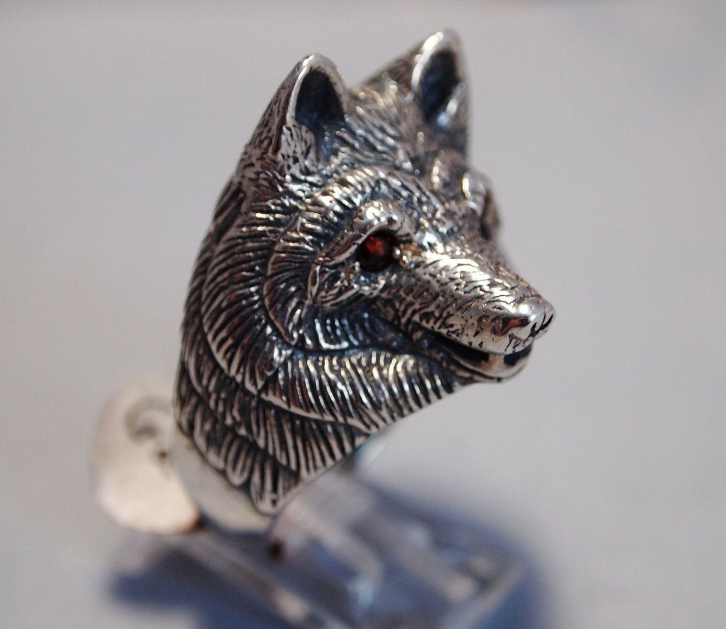 Wolf Ring with Gemstone Eyes in Sterling Silver